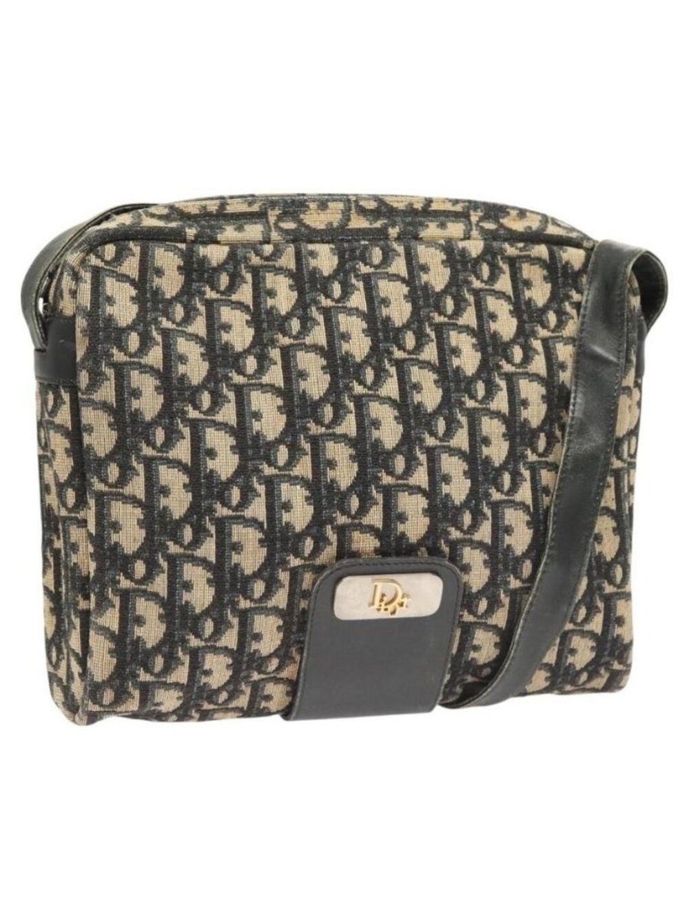Authentic Christian Dior Trotter Canvas Shoulder Bag Navy Gold